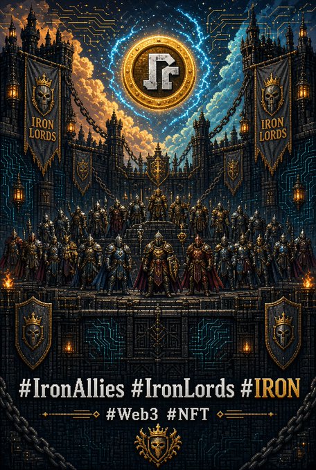 A dark fantasy digital artwork featuring armored knights and gothic banners labeled 'IRON LORDS,' with a glowing 'JR' logo and hashtags #IronAllies #IronLords #IRON #Web3 #NFT at the bottom.