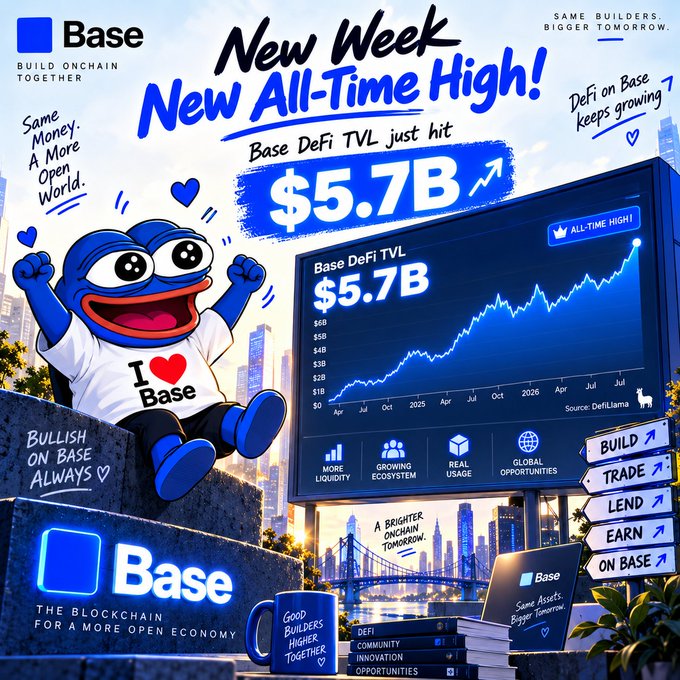 A promotional graphic for Base blockchain celebrating a new all-time high of $5.7B in Base DeFi TVL, featuring the Base logo and a cartoon character wearing an 'I ♥ Base' shirt.