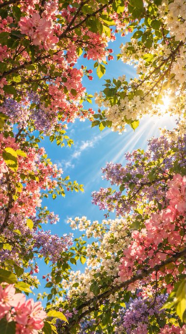 A view looking up through a canopy of pink, white, and purple cherry blossoms with sunlight streaming through against a blue sky.