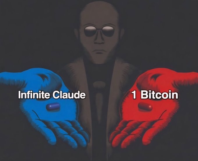 A Morpheus-style figure from The Matrix presents two pills in glowing hands—a blue pill labeled "Infinite Claude" and a red pill labeled "1 Bitcoin"—referencing the famous choice meme, with the post asking which 2009-era decision would yield greater value.