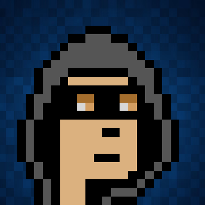 A pixel art portrait of a hooded figure with tan skin and orange eyes against a dark blue checkered background, representing the ARC Punks NFT character being given away in the community promotion.
