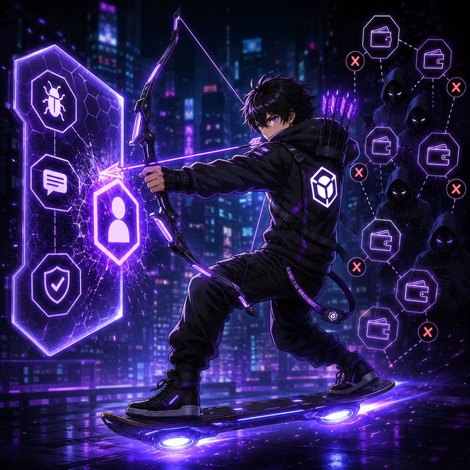 An anime-style archer in dark attire draws back a glowing purple bow on a hoverboard, aiming at hooded figures connected to wallet icons marked with red "X"s, while a purple shield displaying bug, chat, user, and verification icons floats nearby. The image visually represents the post's theme of defending Web3 ecosystems from Sybil attacks, with the archer symbolizing @NucleusCodes striking down fake wallet identities to protect reputation and genuine community members.