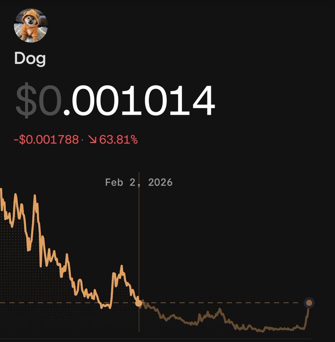 A cryptocurrency price chart for a token named 'Dog' showing a price of $0.001014, down 63.81% on Feb 2, 2026.