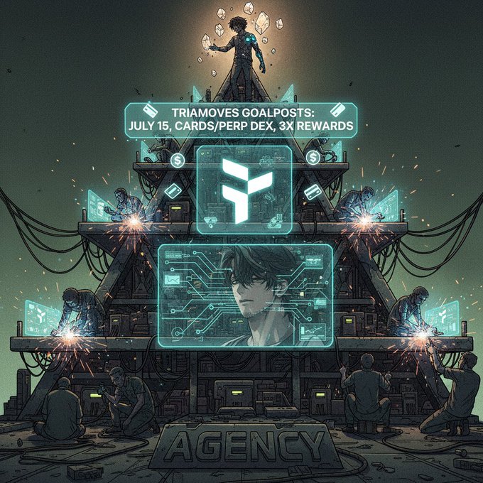 The image features a large stack of computer monitors stacked together against an illuminated black background, giving off a futuristic vibe. The title of the post is "TRIALAMOVE GOALSpost: July 15 card sales Perp DEX 3 rewards", which suggests that there are specific goals and rewards related to the use of cards in this digital world depicted in the image. Additionally, there's an illustration of a robot or character who appears as if it were playing the role of a leaderboard player, further reinforcing the theme of goals and progress within this futuristic environment. The focus should be on understanding what the post is promoting or teaching about the system, rather than being distracted by any visual elements like the image itself.