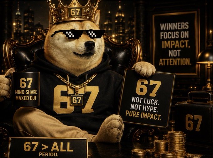 A stylized image of a Shiba Inu dog wearing pixelated sunglasses and a gold crown with '67', sitting on a leather chair holding a mug that says '67 MIND SHARE MAXED OUT' and a sign reading '67 NOT LUCK. NOT HYPE. PURE IMPACT.', surrounded by gold coins.