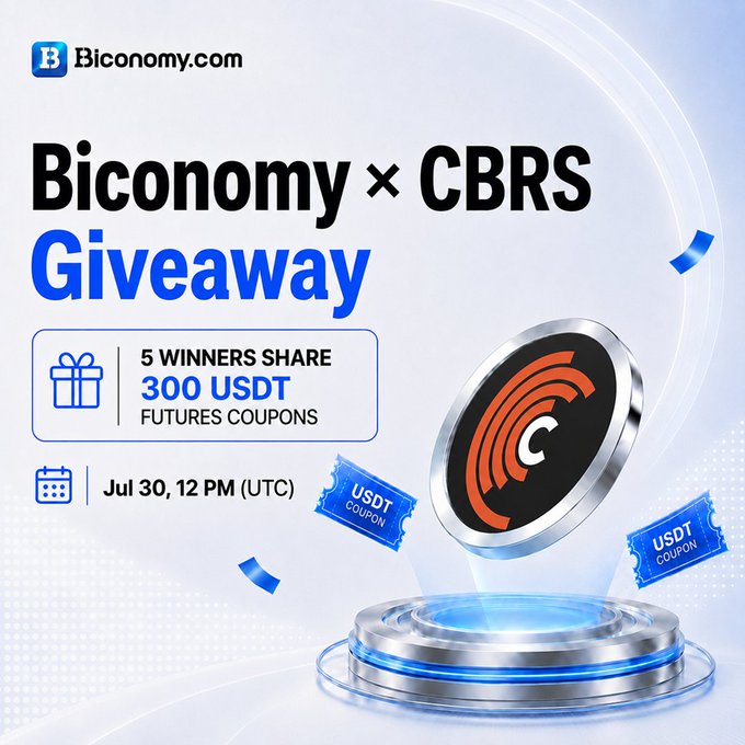 An advertisement for a 'Biconomy x CBRS Giveaway,' featuring a glowing pedestal and offering 5 winners a share of 300 USDT futures coupons on July 30.