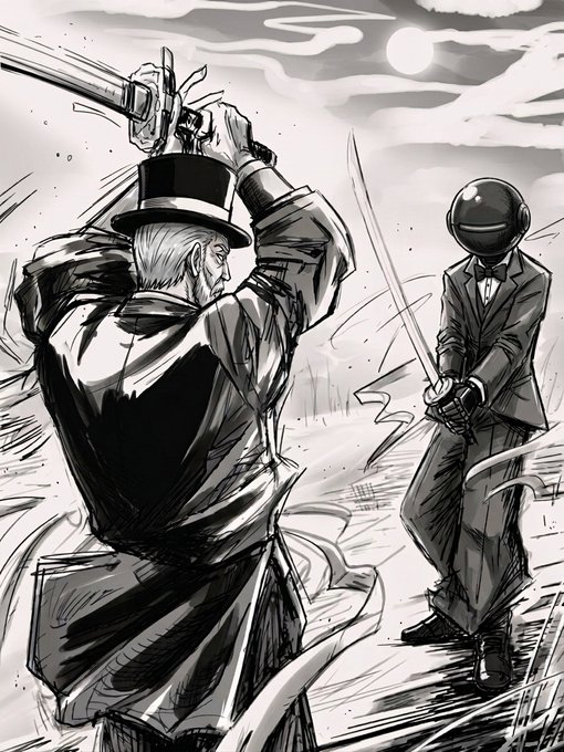 A black and white manga-style illustration depicts a duel between a man in a trench coat and top hat wielding a sword and a figure in a suit with a helmet-like head.