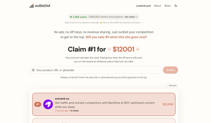 The image shows the outbid.io website, a platform where users can pay to claim the #1 spot, with "outrank.so" currently holding the top position at $12,000. This relates to the post's idea of building a similar site for meme coins, where projects would pay for premium placement to gain exposure, capitalizing on the same competitive bidding model that outbid.io has demonstrated with over 2,486 online users and $12,000 for the top spot.