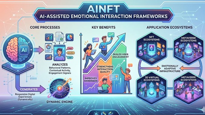 The image features a colorful poster that explains the concept of AI-assisted emotional interaction frameworks, which are designed to enhance user experiences by incorporating AI technology into various aspects of digital ecosystems. The poster highlights the benefits of such systems, including increased emotional intelligence in users and improved engagement with interactive content.