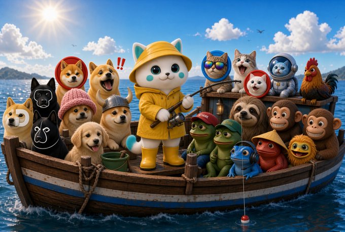 A whimsical illustration shows a crowded fishing boat filled with anthropomorphic animals—including a Shiba Inu in a yellow raincoat, frogs, monkeys, a sloth, a chicken, and other creatures—while a tiny fishing line dangles into the water below, symbolizing the unpredictable hunt for the next trending meme coin to emerge from the "trenches."