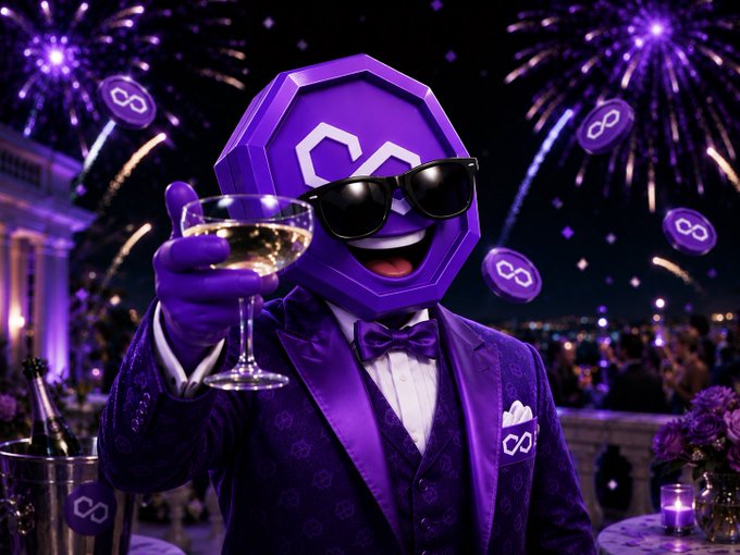 A purple Polygon (MATIC) mascot wearing sunglasses and a tuxedo holds a glass of champagne amid a purple fireworks celebration with floating Polygon logos.