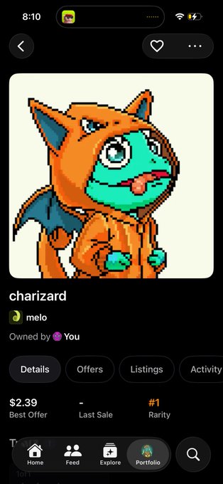 A mobile screen showing a pixel art NFT titled "charizard" by artist "melo," listed at $2.39 with a #1 Rarity ranking. The image illustrates the post's regret, as the creator minted the unique 1/1 item for free, sold it cheaply, and watched the buyer flip it for a much higher price.