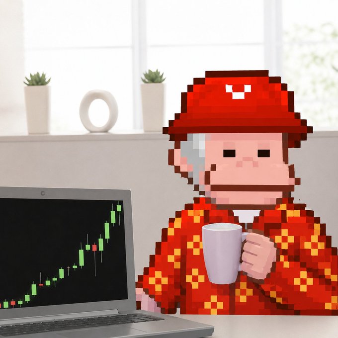 A pixel-art character in a red bucket hat and patterned robe sits holding a coffee mug next to a laptop displaying a sharply rising green $BTC candlestick chart, perfectly capturing the optimistic "gm" mood of Bitcoin's upward momentum.