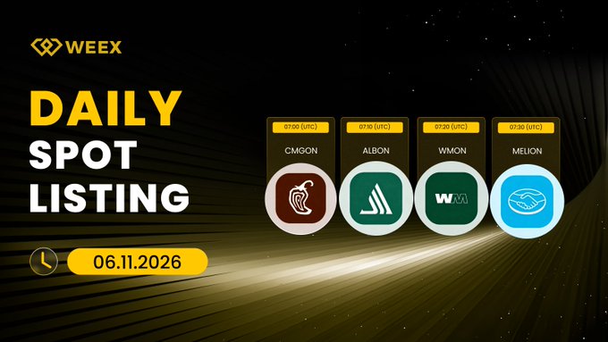 The image features a poster for a daily spot listing, with four logos representing different cryptocurrency exchanges. The poster has a black background with white text that reads "Daily Spot Listing" at the top. Below this, there are descriptions of each exchange logo in yellow and green text. The poster also includes a time stamp indicating it was posted on 06:11 (UTC) at 6:10 PM local time.