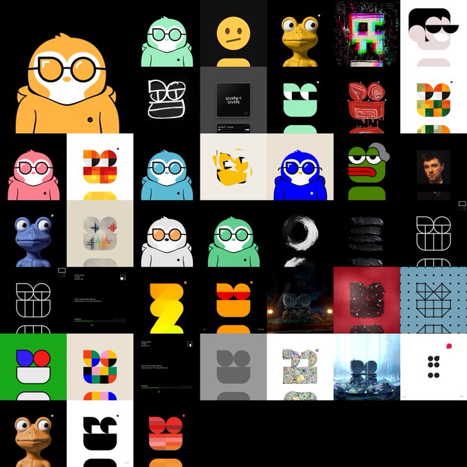 A grid collage of various artistic designs and digital characters, prominently featuring avatars and creatures in green, blue, and red color schemes.