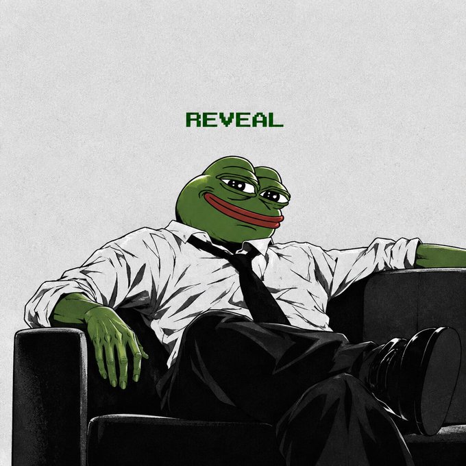 The image shows the famous "Chill Pepe" meme—Pepe the Frog in a suit, lounging confidently on a black couch—under the green pixelated text "REVEAL," suggesting a calm, anticipatory vibe that fits the post's message that "the reveal begins, go to the moon."