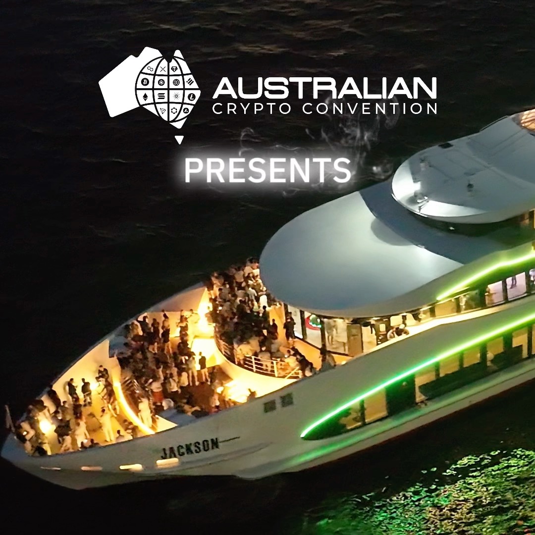 Aerial night shot of a crowded cruise ship named 'JACKSON' with overlaid text reading 'AUSTRALIAN CRYPTO CONVENTION PRESENTS.'