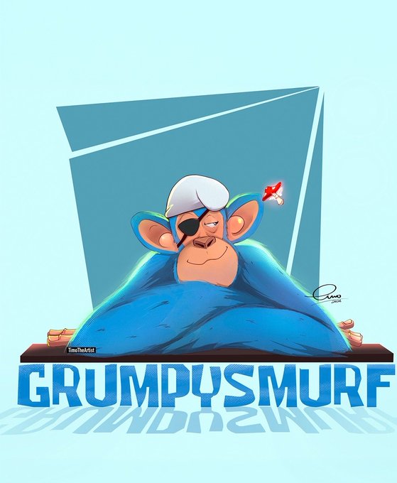 An illustration titled 'GRUMPYSMURF' depicts a blue Smurf-like character with an eyepatch and white headwear, sitting behind a desk with a stack of books, accompanied by a small red bird.
