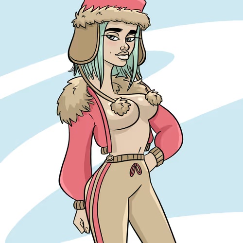 A stylized illustration of a woman in a pink winter outfit with fur trim, a red hat, and mint-green hair; the post says “Yay, HunnyVixen just sold for 0.0015 WETH ($4.02)!!” indicating this artwork was sold as HunnyVixen.