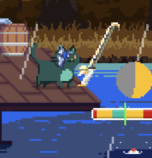 Pixel art depicting a fishing scene with a green creature wearing a hat holding a fishing rod near water with a bobber and colorful lure.