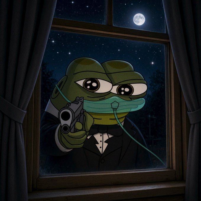 A green frog character dressed in a tuxedo and wearing an oxygen mask aims a pistol through a window at night, visually acting as a threatening figure demanding entry, which relates to the text "Open the door!".