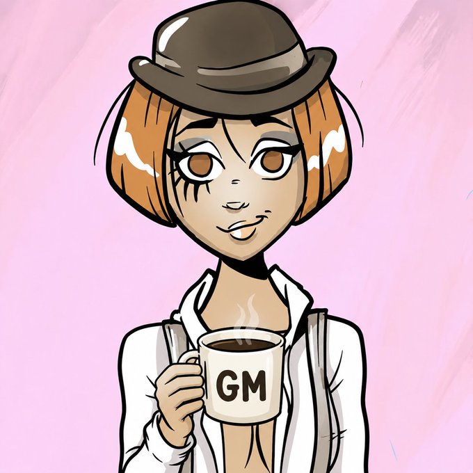 A digital illustration of a cartoon woman with short brown hair and a brown hat winks while holding a white coffee mug labeled "GM" against a pink background.
