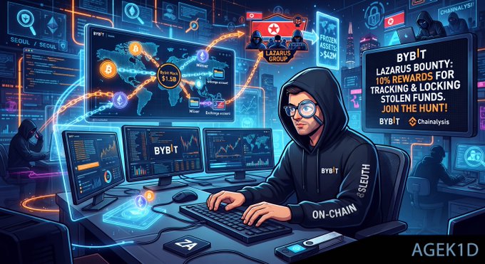 A digital illustration of a hooded figure at multiple computer monitors tracking cryptocurrency, with text reading 'BYBIT LAZARUS BOUNTY: 10% REWARDS FOR TRACKING & LOCKING STOLEN FUNDS. JOIN THE HUNT!' and 'AGEK1D' watermark.