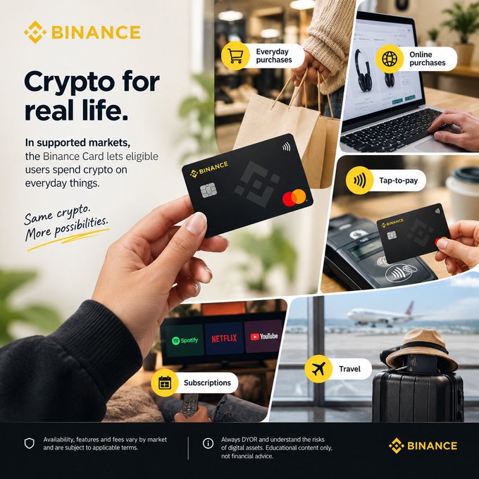 A Binance promotional advertisement for the 'Crypto for real life' Binance Card, highlighting everyday purchases, online purchases, tap-to-pay, subscriptions, and travel use cases.