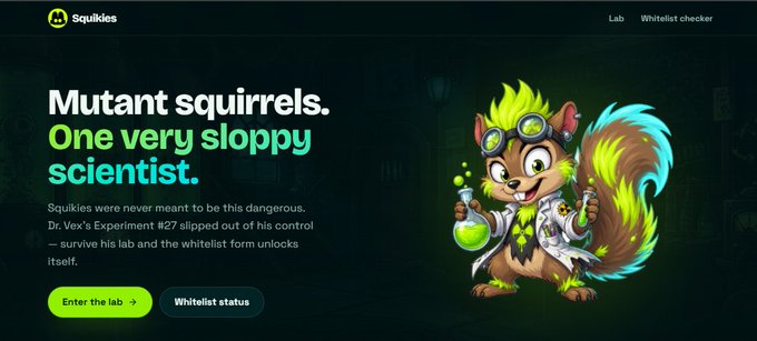 The Squikles website featuring 'Mutant squirrels. One very sloppy scientist' branding, describing Dr. Vex's Experiment #27 that escaped and created the Whitelist form, with an illustration of a green-furred squirrel scientist.
