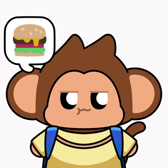 A cartoon monkey character with a thought bubble containing a cheeseburger, wearing a yellow shirt and blue backpack straps.