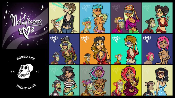 A collage for 'Meta Vixens' featuring 15 cartoon-style NFT characters in various colorful outfits, along with logos for 'Bored Ape Yacht Club' and 'BAYC'.