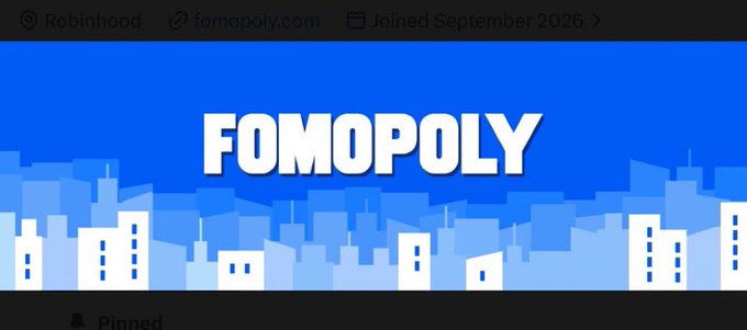 A blue banner reads “FOMOPOLY” in large white letters above a stylized city skyline; a faint social-media header shows “Robinhood,” “fomopoly.com,” and “Joined September 2020.”