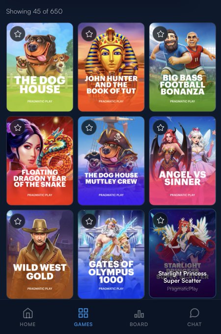 A mobile app interface displays a grid of Pragmatic Play slot game thumbnails including "The Dog House," "John Hunter and the Book of Tut," "Big Bass Football Bonanza," "Floating Dragon Year of the Snake," "The Dog House Muttley Crew," "Angel vs Sinner," "Wild West Gold," "Gates of Olympus 1000," and "Starlight Princess," with navigation tabs for Home, Games, Board, and Chat at the bottom and a "Showing 45 of 650" counter at the top.

The image illustrates the variety of "Pragmatic Play" titles available on the Vault platform, visually supporting the post's emphasis on accessing certified provider games with instant on-chain settlement.