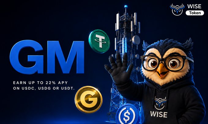 An advertisement for 'WISE Token' features an owl character waving, alongside images of a cell tower and cryptocurrency coins (USDT, GM, USDC), with text reading 'GM - EARN UP TO 22% APY ON USDC, USDG OR USDT.'