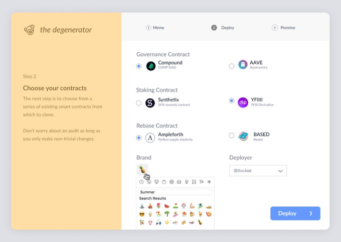 A screenshot of "the degen erator" platform showing Step 2 of a smart contract deployment process, with selections for Governance (Compound), Staking (Synthetix), Rebase (Ampleforth), and YFIII contracts, plus brand and deployer (@0xc4ad) fields, satirizing the endless "launchpad to deploy launchpads" cycle in DeFi.