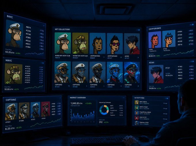 The image features a person sitting at a desk with multiple computer monitors in front of them, all displaying various nfts from the Yuga Labs. The monitors are arranged diagonally across the frame and have different sizes and shapes. There's also an image showing four people wearing hats on the monitors. The scene appears to be set in a dark environment or room that has low lighting conditions as evidenced by the dimness of the image, creating an atmosphere reminiscent of what might be described as nighttime. In this setting, Yuga Labs is seen recovering and securing several high-value nfts after detecting a vulnerability in the flooring protocol. The post appears to be related to this situation.