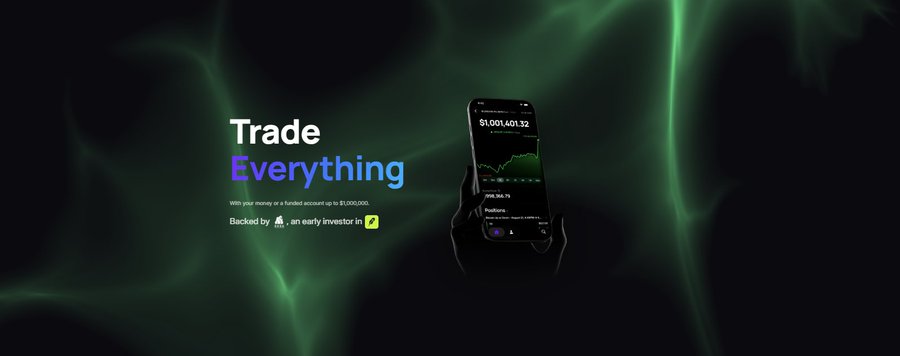 A dark promotional banner reading "Trade Everything" advertises an account-based trading platform funded up to $1,000,000, featuring a phone displaying a $1,001,401.32 portfolio and a +$18,164.76 position gain—visually supporting the post's mention of the rising on-chain options project @omenapp and projects like $DRV seeing significant growth.