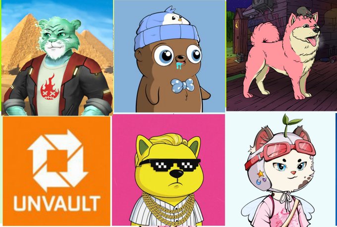 The image showcases a grid of six NFT characters—including a green tiger, a brown beanie-wearing creature, a pink dog, the orange "UNVAULT" logo, a pixel-shaded dog with gold chains, and a winged helmeted figure—visually previewing the variety of new NFT collections being minted today, such as CashDogesNFT, HoodGossApe, and RobinFogzNFT on the Robinhood chain.