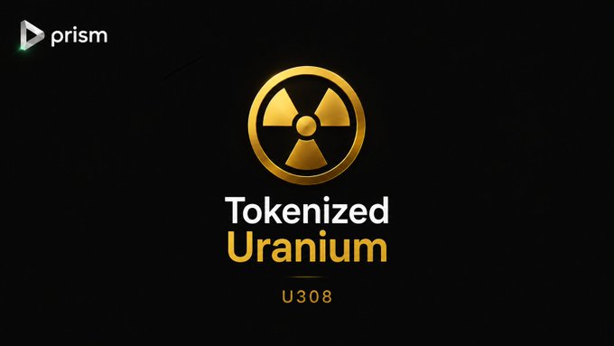A black graphic features a golden radiation/atom symbol with the text 'Tokenized Uranium' and 'U308' below it, along with a 'prism' logo in the top left corner.