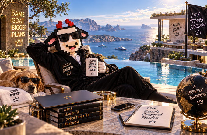 A surreal image of a pixelated character wearing sunglasses and a robe lounging by a luxury infinity pool overlooking the ocean, holding a mug labeled 'GOOD IDEAS BETTER TRADES', with various signs reading 'SAME GOAT BIGGER PLANS', 'BORN BORED', 'LIFE TRADES FREEDOM', 'BRIGHTER TOMORROW', alongside a dog in sunglasses and books about WEB3, MARKETS, OPPORTUNITIES, and FREEDOM.