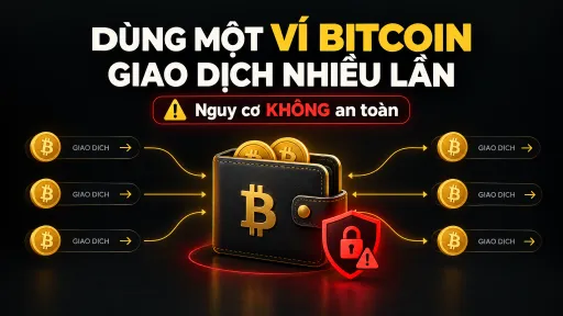 A Vietnamese-language Bitcoin security infographic warns 'DÙNG MỘT VÍ BITCOIN GIAO DỊCH NHIỀU LẦN' (Don't use one Bitcoin wallet for multiple transactions) with 'Nguy cơ KHÔNG an toàn' (Unsafe risk) and shows multiple transaction arrows flowing into a single locked wallet.