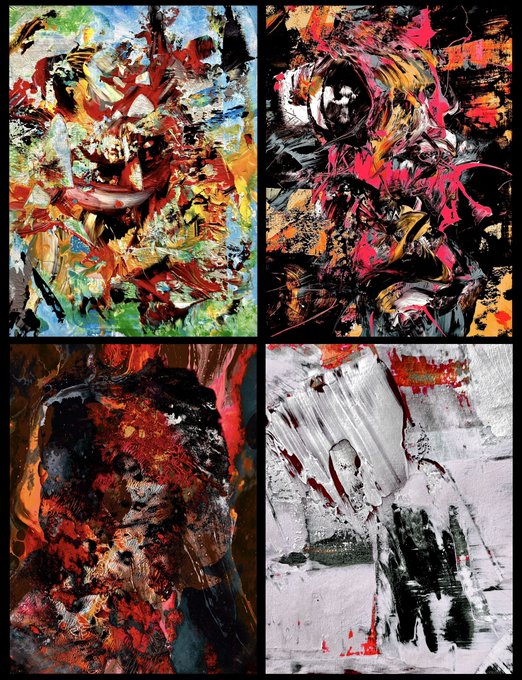 A collage of four abstract, highly textured paintings features chaotic brushstrokes and fragmented, ghostly faces in dark and fiery color palettes.