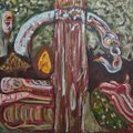 A small, blurry close-up of what appears to be colorful indigenous or tribal artwork featuring totemic figures.