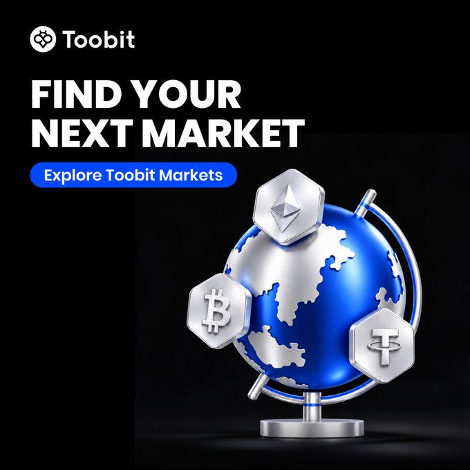 A dark advertisement featuring the Toobit logo and text 'FIND YOUR NEXT MARKET' and 'Explore Toobit Markets,' showing a blue globe with hexagonal icons for Bitcoin, Ethereum, and Tether.