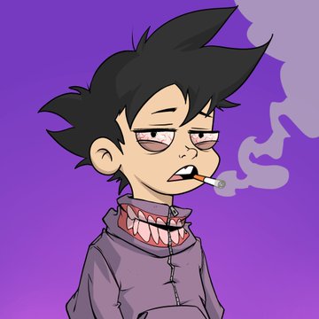 The image shows a cartoon-style character with messy black hair, a tired expression, half-closed eyes, and a cigarette dangling from his mouth, wearing a purple hoodie with a toothy grin design on the collar. 

This image appears to be NFT art shared as an early call from the @EJRWEB3 collection by @ZTHAcademy, with the lazy, smoking character likely being a piece from the project being promoted.