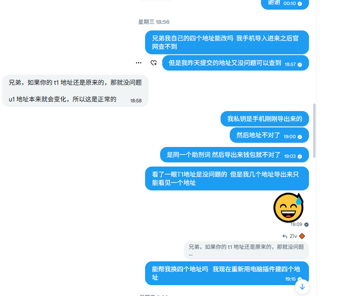 Chinese chat screenshot about cryptocurrency wallet issues, with messages discussing t1/u1 address changes and asking for help swapping addresses after importing a private key.