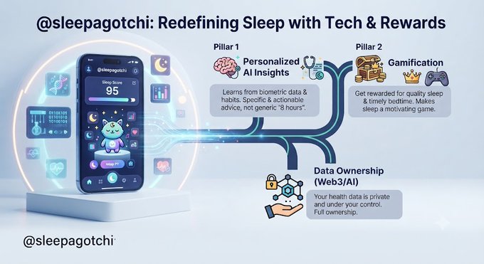Promotional infographic for '@sleepagotchi: Redefining Sleep with Tech & Rewards', featuring three pillars: Personalized AI Insights, Gamification, and Data Ownership (Web3/AI).