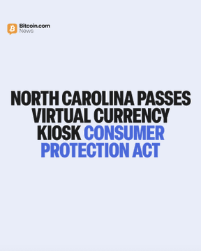 A blue graphic with the 'Bitcoin.com News' logo and the text 'NORTH CAROLINA PASSES VIRTUAL CURRENCY KIOSK CONSUMER PROTECTION ACT'.