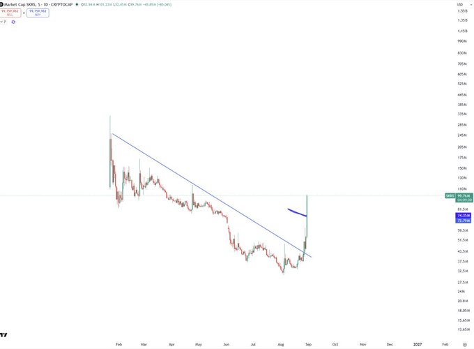 A daily candlestick chart for the SKR/USD pair on the CRYPTO:CAP exchange shows the price breaking above a long-term descending trendline (connecting highs from February and April) and surging from the ~$80 resistance level to $96.96, representing an +18.96% gain, which visually confirms the post's claim of breaking out the MA200/EMA200 to trigger the start of a new bull run toward the $100M market cap milestone.