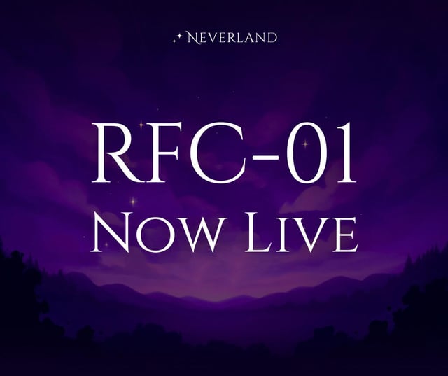 The image features a purple sky with stars, which serves as the background of the post. The text "RFC-01" is written above the image, indicating that this is an advertisement or promotional material related to Neverland. The post suggests that viewers should consider adopting a Balancer AutoRange Pool for their USDC/DUST Liquidity Venue needs.